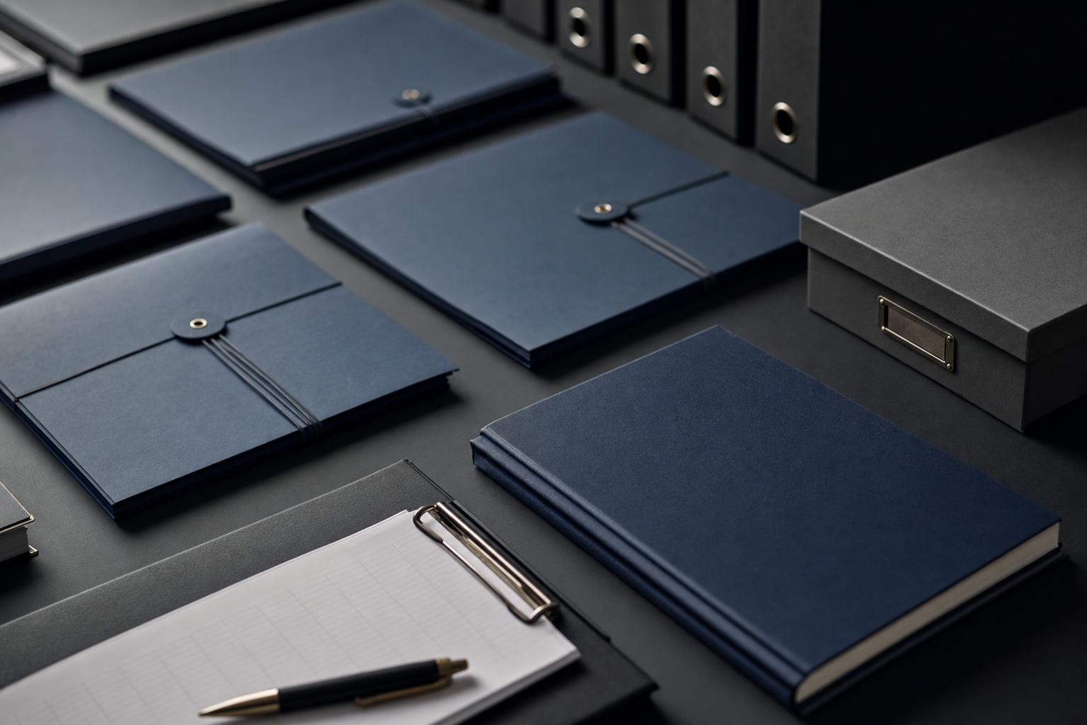 Organized navy document folders and ledgers representing governance and accountability