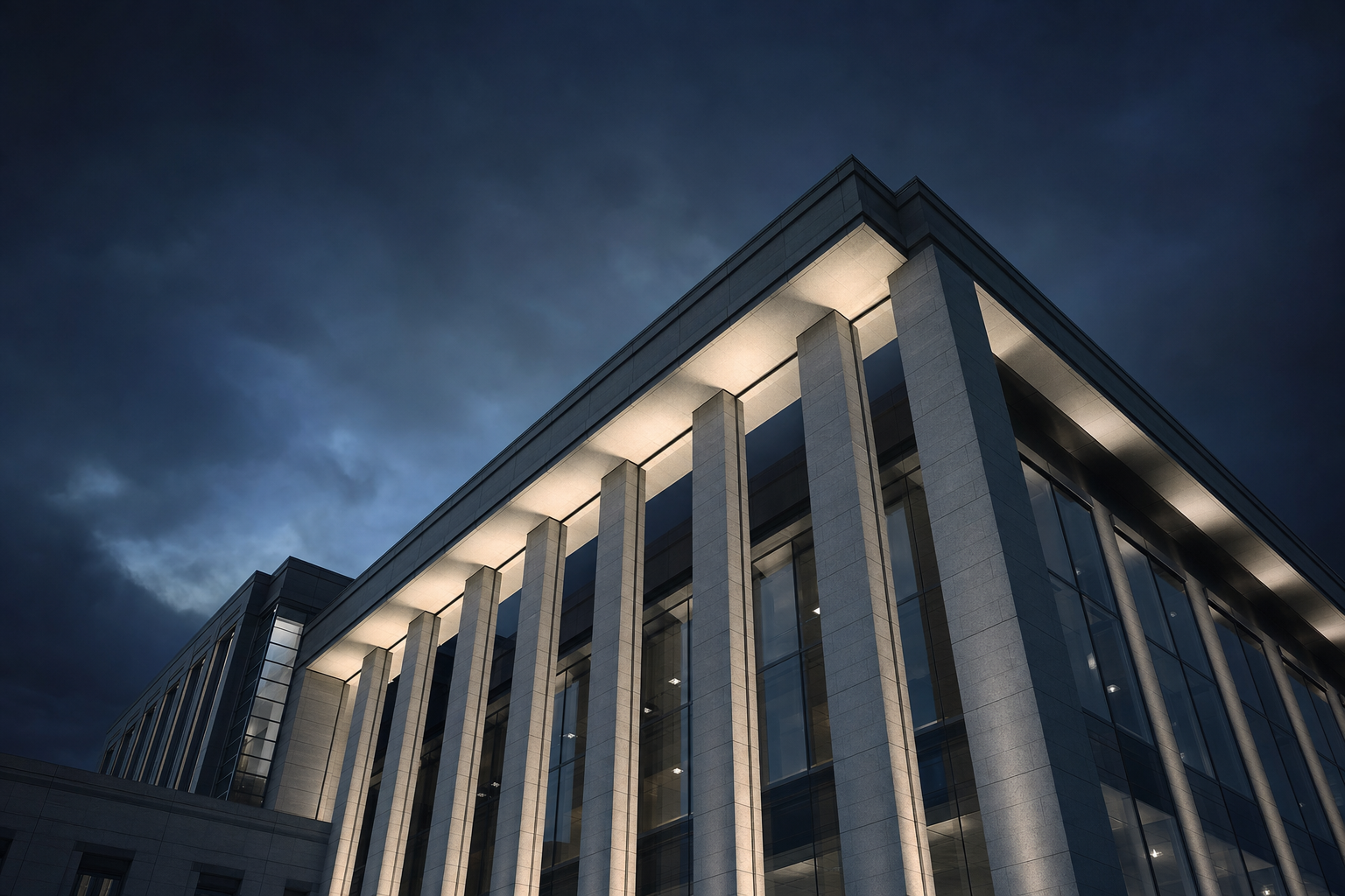 Institutional government building at dusk