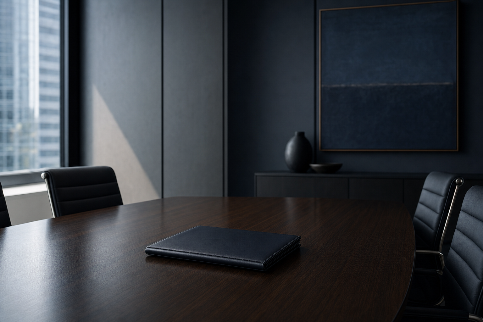 Quiet boardroom with a single closed leather folder